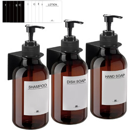 RISAKOGO Soap Dispenser Wall Mount No Drilling, 3-Piece Set 500ml Soap Dispenser Wall Brown Shampoo Dispenser Shower Dish Soap Dispenser Shampoo Dispenser for Kitchen Bathroom