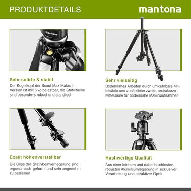 Фотоштатив Mantona Basic Scout Makro — компактний штатив для DSLR камер та макрозйомки, висота до 153 см, з реверсивною та додатковою короткою центральною колоною для outdoor фотографії
