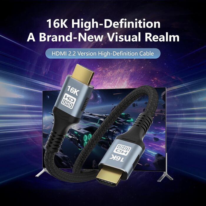 Кабель HDMI 2.2, 2 метри, 96Gbps, 16K/12K/10K/8K/4K@120Hz/240Hz/480Hz, eARC, HDR10+, Dolby Atmos/Vision, HDCP 2.2, для PS5, Xbox, Soundbar, Fire TV, HDTV