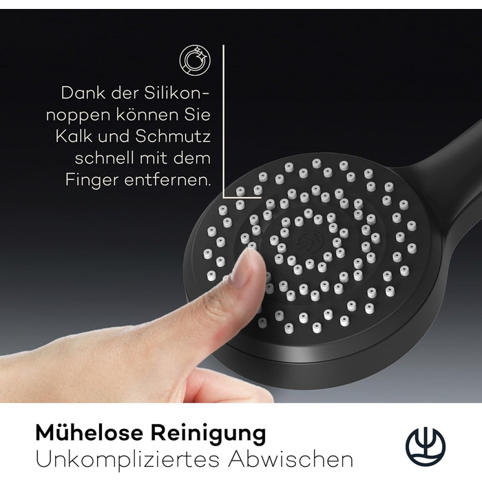 KLUDI-X1 Universal Shower Head with Hose, optional showerhead for water-saving use with 3 spray patterns (Body, Hair, Skin), easy-to-clean shower head Ø 10.7 cm, shower hose 1.60 m (Matte Black, 1 spray pattern)