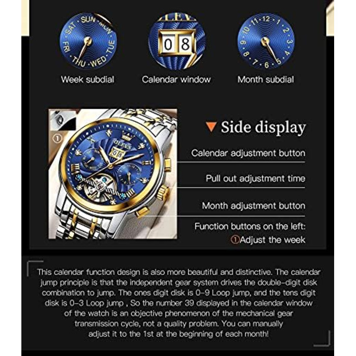 Чоловічий автоматичний скелетон годинник OLEVS: механічний люксовий годинник із багатофункціональним календарем, водонепроникний, сталь, синій