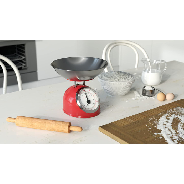 Кухонні ваги ETA Storio: аналогові, ретро-дизайн, металева чаша 2л, до 5кг, червоний колір