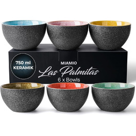 MIAMI - 750 ml, Set of 6 Bowls, Ceramic Bowls, Salad Bowls, Soup Bowls, Cereal Bowls, Serving Bowls - microwave, dishwasher, and oven safe - Las Palmitas Collection