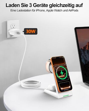Магнітна зарядна станція 3-в-1 ADADPU для Apple з блоком живлення 30 Вт, біла