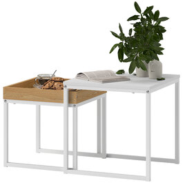 HOMCOM 2-Piece Couch Table Set, Square Side Table, Coffee Table with Steel Frame, Sofa Table in Modern Design, for Living Room, Holds up to 30 kg, White+Oak | Aosom
