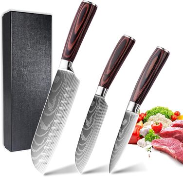 Набір кухонних ножів 5 шт. з нержавіючої сталі, преміум якість, ергономічні дерев'яні ручки, гострі ножі для професійних кухарів, універсальний ніж, подарункова коробка