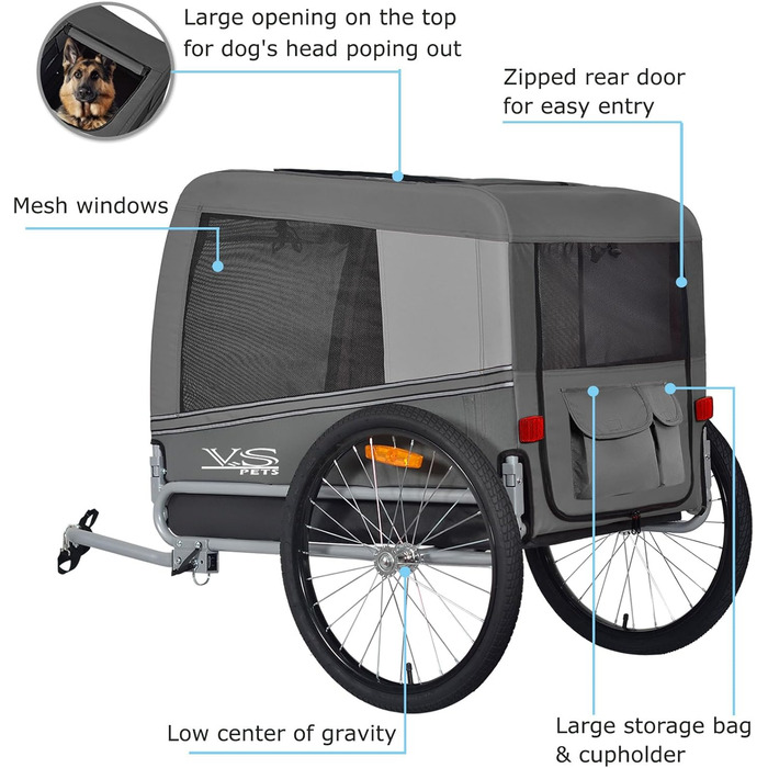 Причіп для собак Tiggo VS Pets L – великий, 270л, для собак до 35 кг, сірий