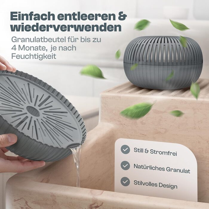Електричний осушувач повітря Flow для кімнат до 25 м² з новою формулою. Осушувач повітря без електроенергії з гранулами 450г. Абсорбер вологи для комфортного мікроклімату (антрацит)