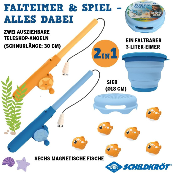 Schildkröt® Fishing Game Set, magnetic fishing game, for indoor and outdoor use, telescopic fishing rod, 3-liter collapsible bucket, BPA-free