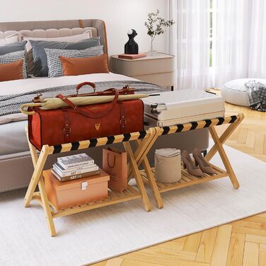 SMIBUY Luggage Rack, 2-Pack, Folding Bamboo Suitcase Stand with Shelf for Guest Room, Bedroom, Hotel, Heavy-Duty (Natural Colors)