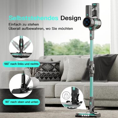 Бездротовий акумуляторний пилосос 28KPa з LED-дисплеєм, антизаплутана щітка, змінний акумулятор, вертикальний пилосос для твердих поверхонь, килимів та шерсті тварин (зелений)