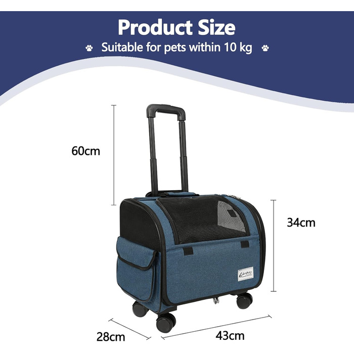 Сумка-переноска для собак та котів Galatée з колесами, транспортна переноска для тварин, схвалена авіакомпаніями, складна переноска з дихаючою сіткою, візок для домашніх тварин (білий/блакитний)