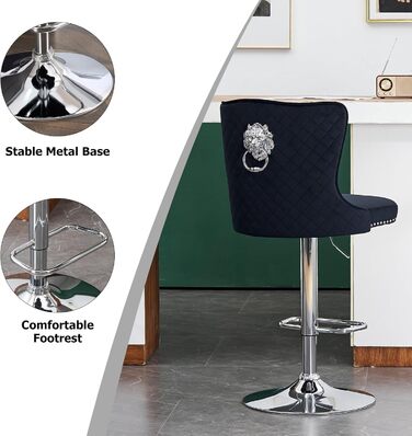 KHISCHMO Velvet Bar Stools 2-Pack - Modern Adjustable Kitchen Counter Barstools with Lion Paw Pulls - 360° Swivel, Black