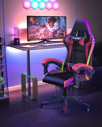 Ігрове крісло Racingreat з RGB LED підсвіткою, ергономічне геймерське крісло (Чорно-червоне, Синя світлова смуга)
