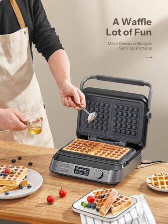 1600W Belgian Waffle Maker - 5 Programs, 7 Browning Levels, LCD Display, Timer, Stainless Steel