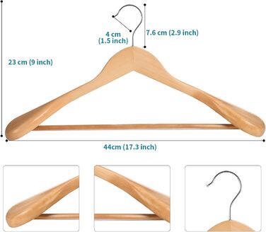 ABHENG Wooden Clothes Hangers, 10-Piece Suit Hangers, 360° Swivel Hook, for Jackets, Shirts, Suits, Coats, 44 x 5.5 x 23 cm (L x W x H), Natural Color AWY0410N