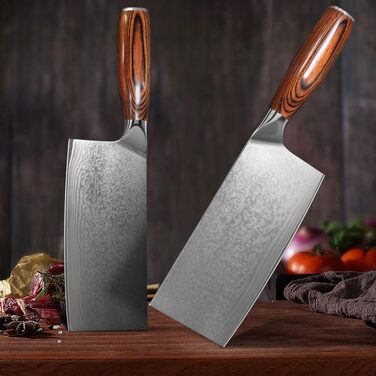 Ніж кухарський Дамаск Шарф: професійний ніж для м'яса з дамаської сталі, ручна робота, з антиковзним дерев'яним руків'ям, у подарунковій коробці