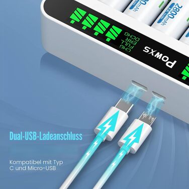 Зарядний пристрій POWXS для акумуляторів Ni-MH/Ni-Cd AA/AAA, 8 слотів, LCD-дисплей, USB/Type-C