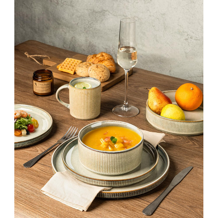 Набір посуду з каменю GBhome на 6 осіб, 18 предметів, ручна робота, реактивна глазур, мікрохвильова та посудомийна безпека, глибокий зелений колір (Desret Salbei), включає чашки (6 шт.)