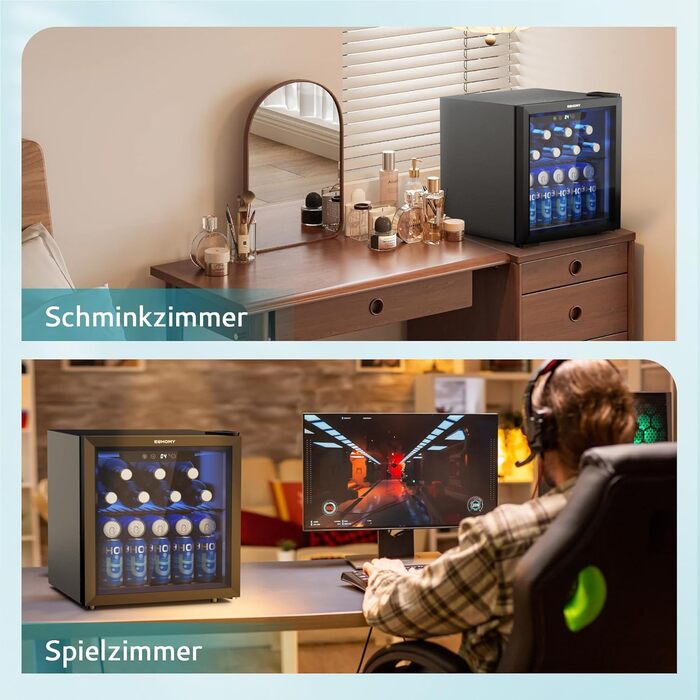 Міні-холодильник EUHOMY для напоїв на 55 банок, чорний, 36L, з дверцятами з прозорого скла, LED-підсвітка, тихий (43dB), для офісу, кімнати, бару