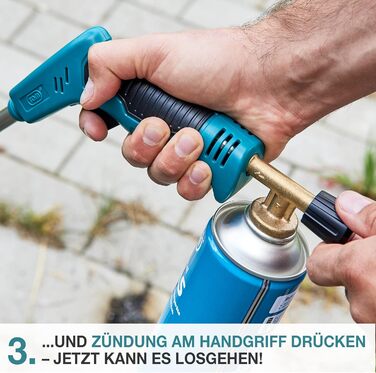 TOM Weed Burner Set + 4 x 330 g Universal Gas Cartridge with Screw Thread 600 ml – Flaming Device ideally suited for weed removal on paving stones, sidewalks, and paved joints. Grill lighter, Blue