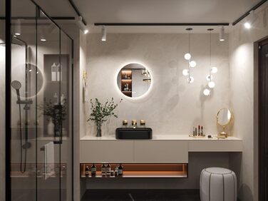 Дзеркало для ванної кімнати Keonjinn з підсвічуванням 60 см, антизапарник, сенсорний вимикач, пам'ять налаштувань, 3 кольори світла, регульована яскравість, LED, без рами, кругле (50x50 см)