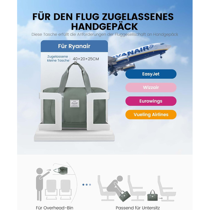 LOVEVOOK Сумка ручної поклажі Ryanair, 40x30x20 см, розширювана, для подорожей літаком, зелена