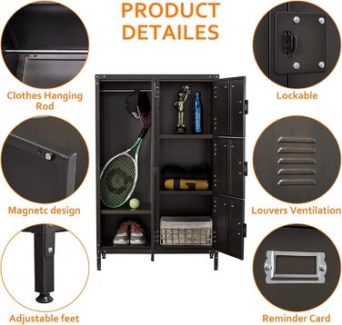 Metal Locker with Lockable Doors, Industrial Steel Cabinet for School, Home, Office, Garage, H140*W38*D46 cm (4 Doors)