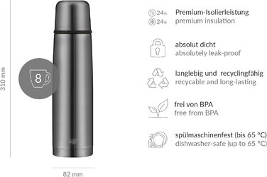 alfi ISOTHERM PERFECT AV 1.0L, cool grey matte, stainless steel insulated bottle with drinking cup, absolutely leak-proof with automatic closure, detachable, keeps drinks warm for 12 hours, fingerprint-resistant, BPA-free