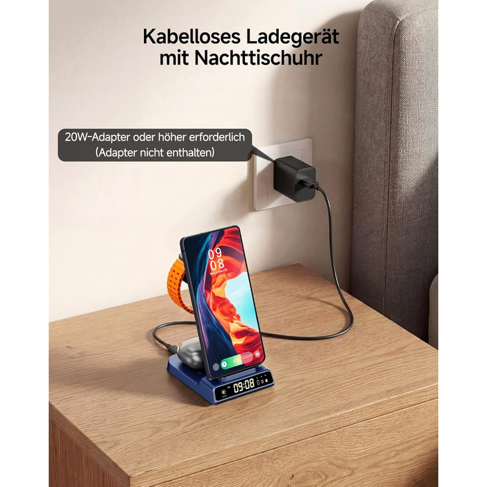Бездротова зарядна станція 3-в-1 для Samsung Galaxy S26 Ultra, Watch 8/Ultra/7/6/5, Buds 4/4 Pro (Блакитна) - Швидка індуктивна зарядка