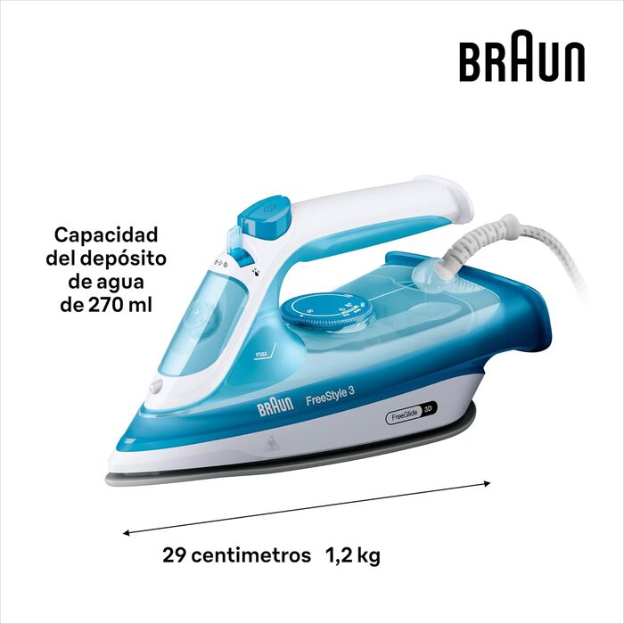 Праска з парою Braun FreeStyle 3 FI3144BL з технологією 3D-FreeGlide, підошвою SuperCeramic, системою Ultimate FastClean, автовимкненням, 270 мл, 2700 Вт, блакитна