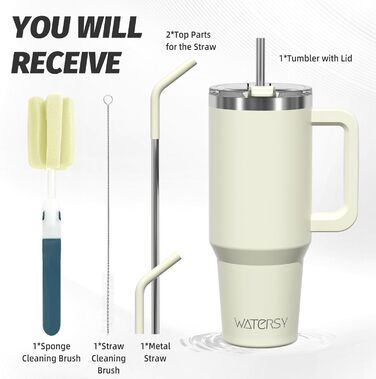 Термокружка для кави та напоїв WATERSY 40oz (591 мл) з нержавіючої сталі, подвійні стінки, без витоку, з ручкою та трубочкою, бежевий