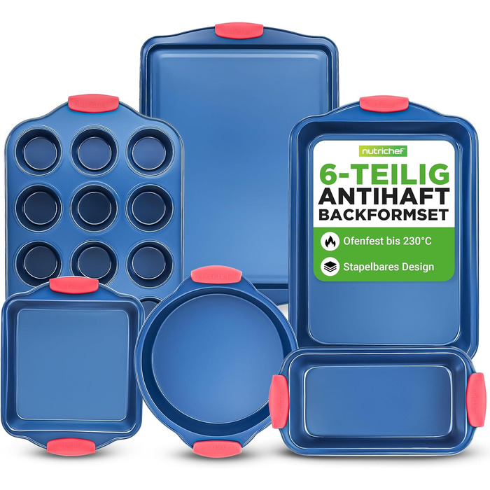 Набір форм для випічки Nutrichef 10 шт. з антипригарним покриттям – для випікання солодкого (печиво) та солоного (пироги, піца). Форми з вуглецевої сталі, без PFOA та PTFE, з силіконовими ручками. Круглі та квадратні форми.
