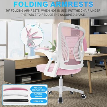 Офісний стіл з регульованими підлокітниками, ергономічний стілець для офісу з сітчастою спинкою, підтримкою попереку, регульованою висотою, м'яким сидінням, поворотний на 360°, (Рожевий)