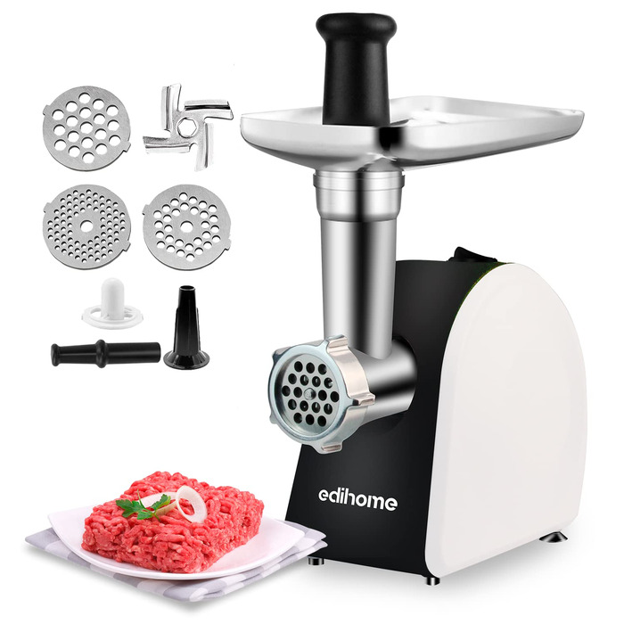М'ясорубка електрична Edihome з насадкою для ковбас, багатофункціональна, 3 диски для подрібнення (чорно-біла)