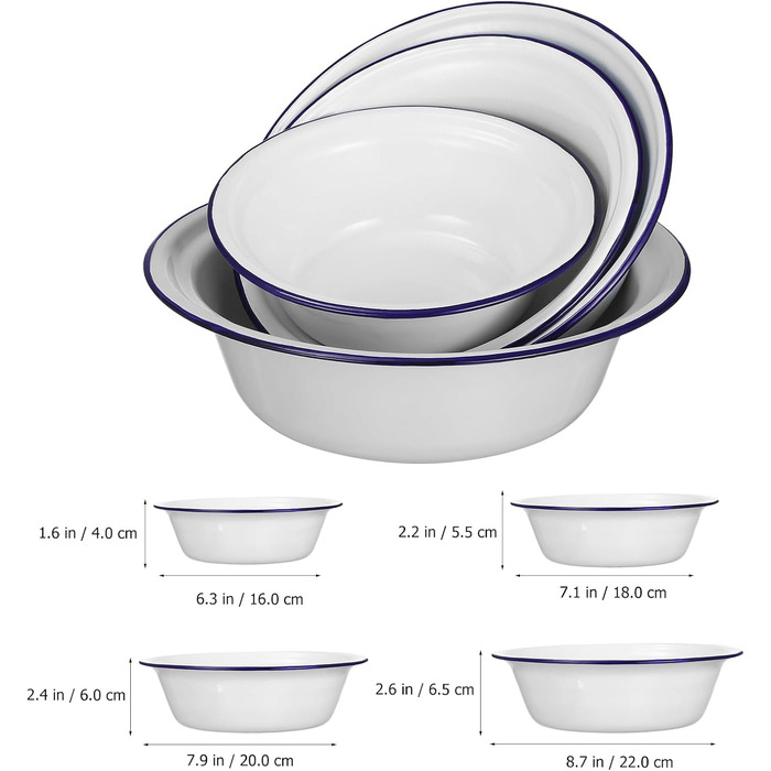 BESTonZON 4-Piece Enamel Soup Bowls, Enamel Basin, Enamel Bowl, Grease Pot with Lid, Enamel Mixing Bowl, Enamel Dishware, Four Sizes, Salad Bowl, Ramen Bowl