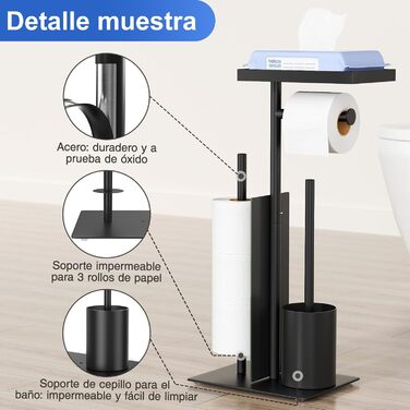 Тримач туалетного паперу з щіткою для унітазу, чорний матовий (з контейнером для серветок та скляною полицею)