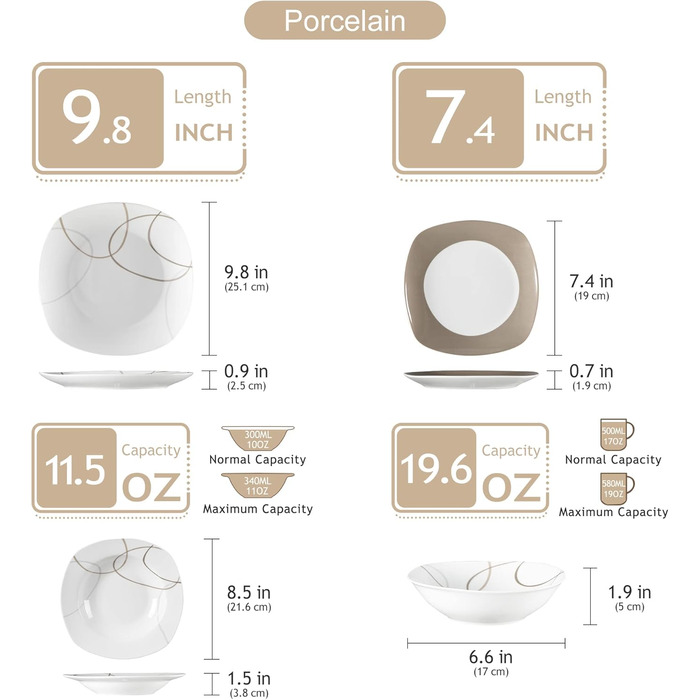 VEWEET Набір посуду 'Нікіта' з порцеляни, 24 елементи | Сервіз включає миски, десертні тарілки, тарілки для їжі та супові тарілки | Сервіз для 4-12 осіб (48-елементний набір посуду)