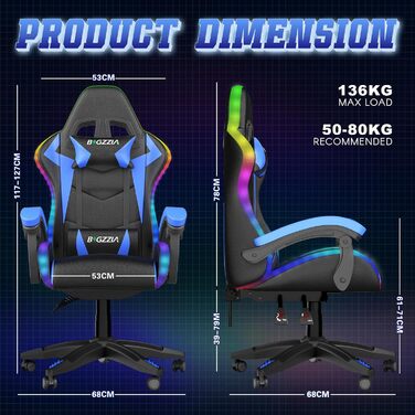 Геймерське крісло Bigzzia з RGB підсвіткою та підголівником, ергономічне крісло для комп'ютера, блакитне LED