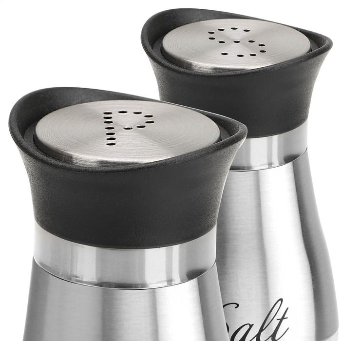 Набір для солі та перцю Com-Four® з нержавіючої сталі та скла (2 шт.) - дозатор спецій, контейнер для приправ з написом, для кухні та ресторану (сріблястий)