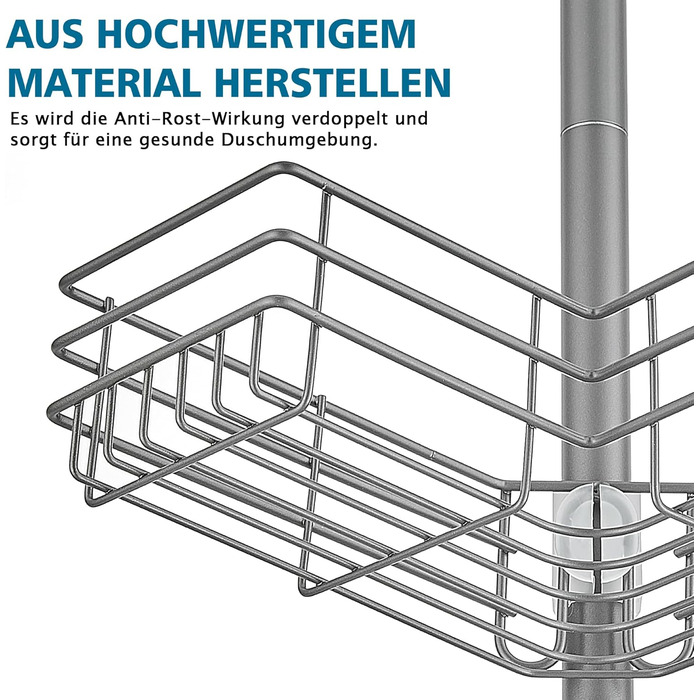 FIISAYL Shower Shelf No Drilling Telescopic Shower Rack Metal Corner Shelf Bathroom Shelf with 4 Shower Baskets, Height Adjustable 85-325cm, Suitable for Bathtub, Bathroom and Kitchen, Grey