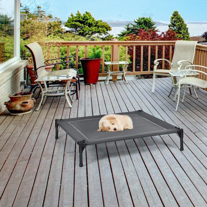 Лежанка для собак GOPLUS з дахом, піднята лежанка для тварин, лежанка для домашніх тварин з металевим каркасом, вологостійке собаче ліжко, котяче ліжко з сонцезахисним тентом, неслизькі накладки на ніжках, для використання в приміщенні та на вулиці (90x81