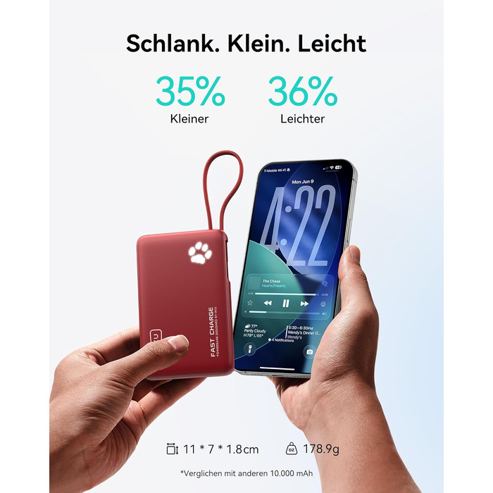 Power Bank INIU 10000mAh 20W з USB-C кабелем, PD3.0/QC4.0, для iPhone/Samsung/iPad (Червоний)