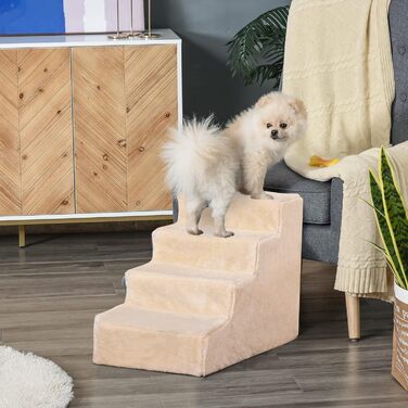 PawHut 4-Step Dog Stairs, 35 cm Cat Stairs for Bed and Sofa, Pet Stairs for Dogs and Cats up to 5 kg, Plush Appearance, Beige