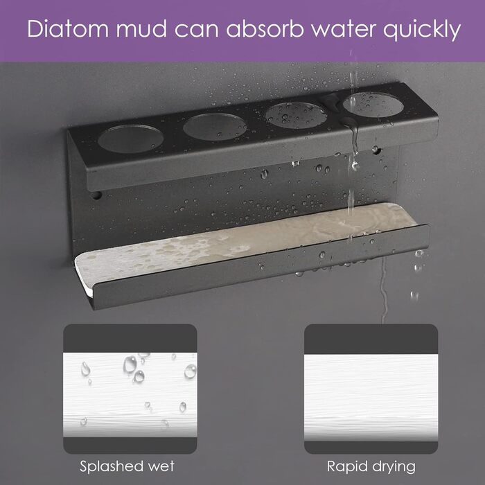 Настінний електричний тримач для зубних щіток на 4 слоти з мискою з діатоміту, підходить для AquaSonic, Kingheroes, Oral-B (Чорний)