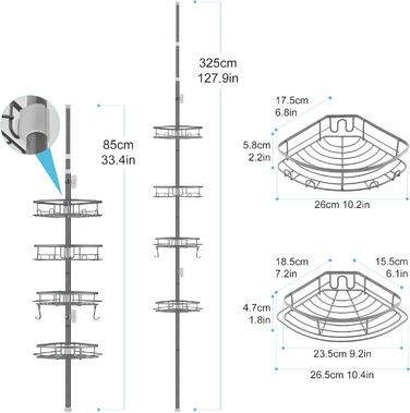 DUFU Shower Shelf Telescopic No Drilling with 4 Shower Basket Corner, Non-Slip, Stable Bathroom Shelf Made of Metal, Height Adjustable 85-325cm, Telescopic Shelf Bath Grey
