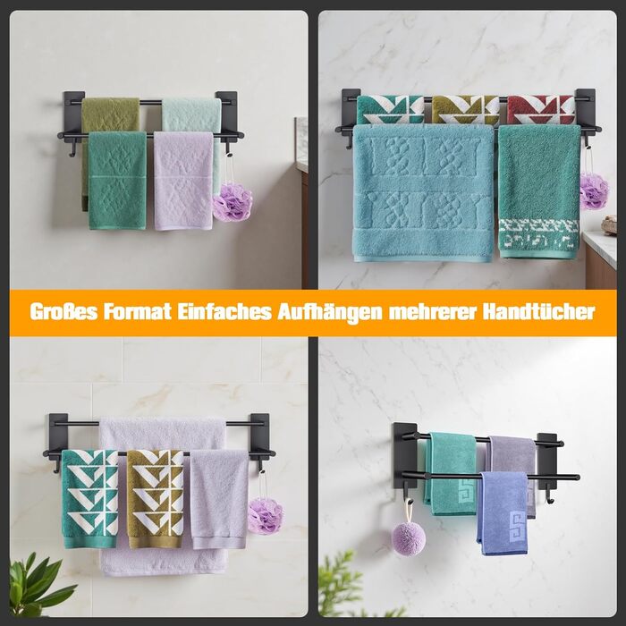 Тримач для рушників без свердління, 60 см, самоклеючий, з гачками, нержавіюча сталь, вологостійкий, для ванної кімнати та кухні (Чорний, 40 см)