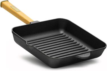 Чавунна сковорода гриль 26 см з дерев'яною ручкою для газових грилів, духовки, індукції та відкритого вогню