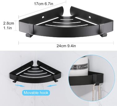DUFU Shower Shelf Corner Shelf, Shower Organizer Without Drilling Stainless Steel Shower Basket Self-Adhesive, Corner Bathroom Organizer Shampoo Holder with 4 Hooks for Shower, 2 Pack Black