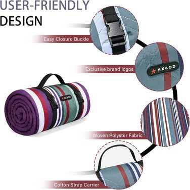 Плед для пікніка водонепроникний HX&OD, 203x203 см, сіро-зелений, складаний, з ручкою для перенесення